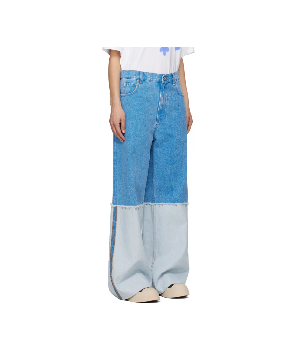 Wide-Leg Blue Denim Jeans With Extra High Cuffs