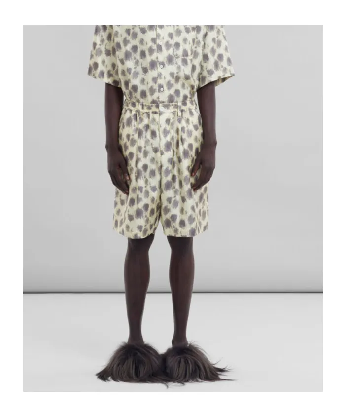 Light Yellow Silk Bermuda Shorts With Crayon Leopard Prints