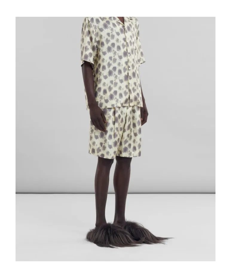 Light Yellow Silk Bermuda Shorts With Crayon Leopard Prints