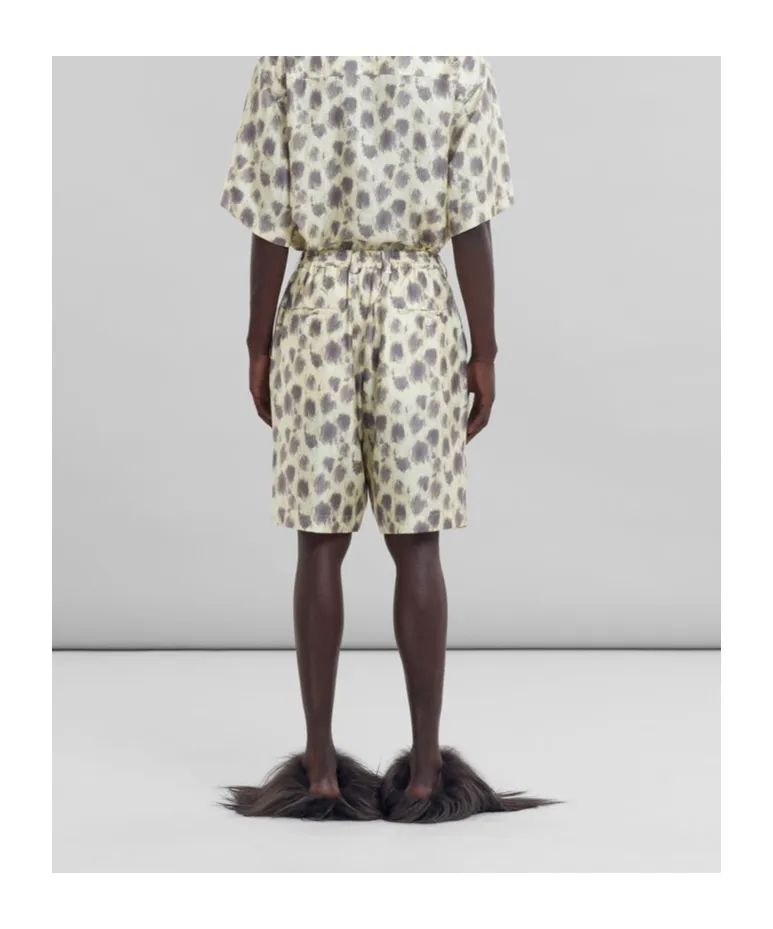 Light Yellow Silk Bermuda Shorts With Crayon Leopard Prints