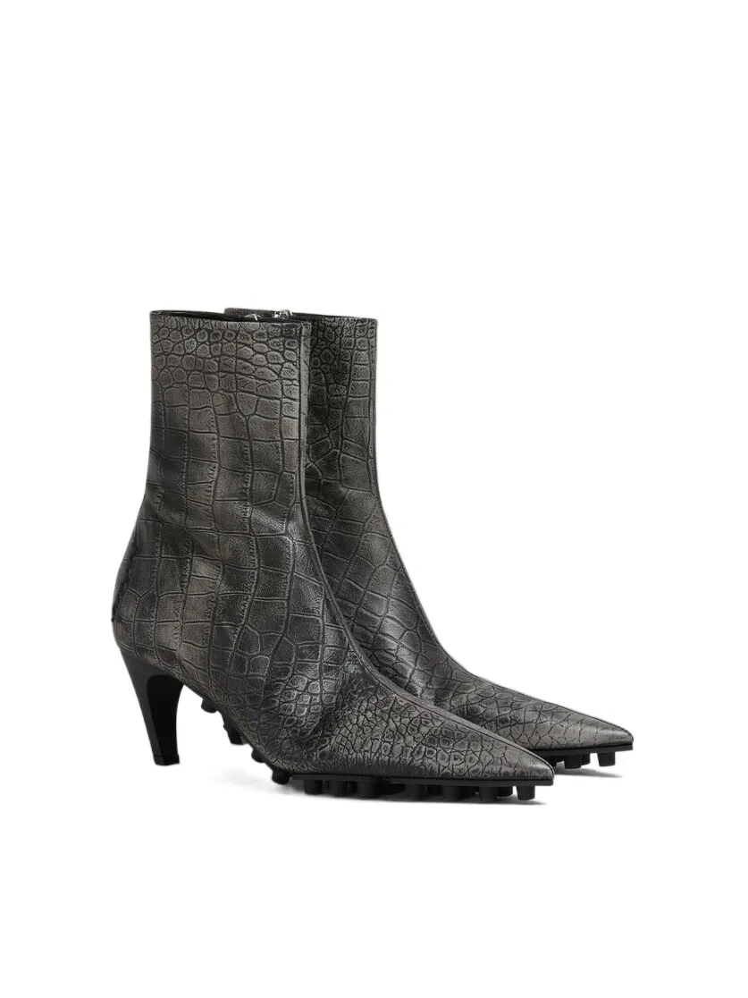 Spike Ankle Boot In Crocodile Print Leather