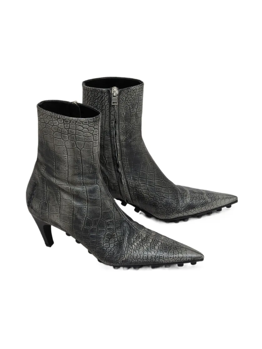 Spike Ankle Boot In Crocodile Print Leather