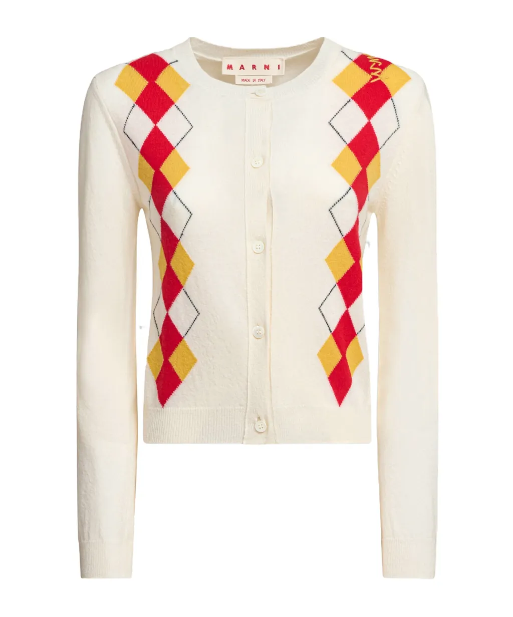 Ivory Wool Argyle Cardigan