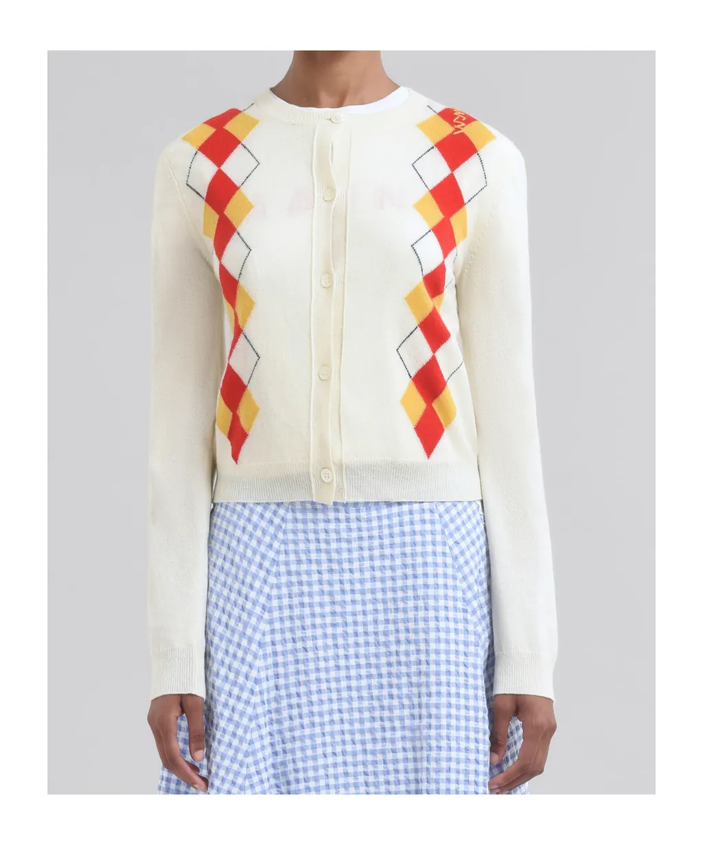 Ivory Wool Argyle Cardigan