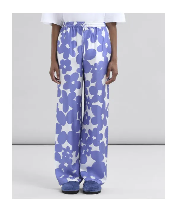 Silk Pyjama Trousers With White And Light Blue Dillies Print