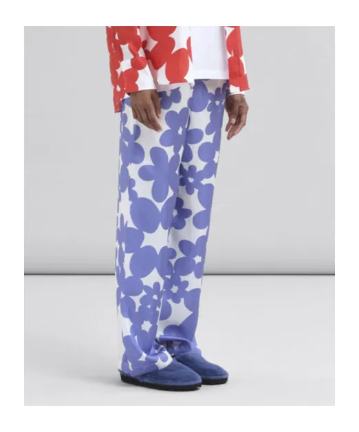 Silk Pyjama Trousers With White And Light Blue Dillies Print
