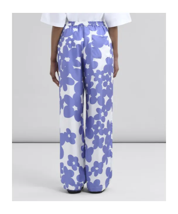 Silk Pyjama Trousers With White And Light Blue Dillies Print