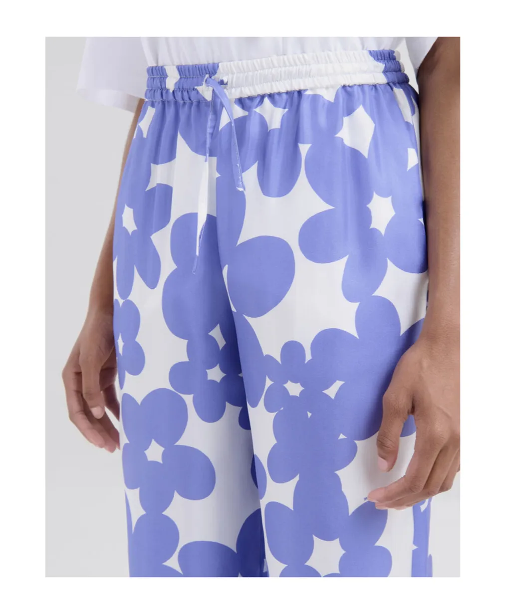 Silk Pyjama Trousers With White And Light Blue Dillies Print