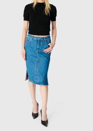 Moon Laser Wash Denim Knee Length Skirt