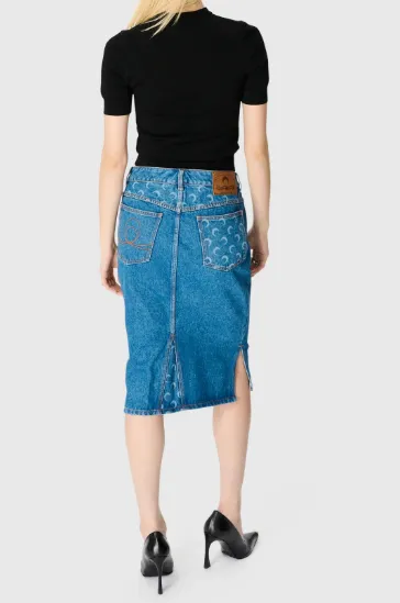 Moon Laser Wash Denim Knee Length Skirt