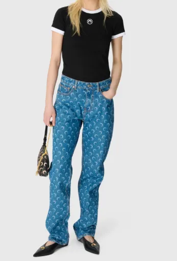 Allover Moon Printed Straight-Leg Jeans
