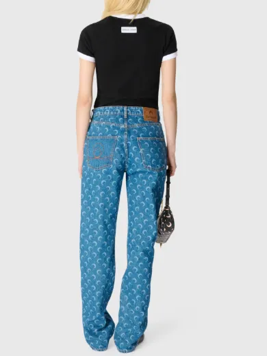 Allover Moon Printed Straight-Leg Jeans