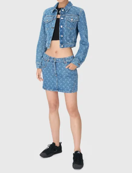 Moon Laser-Etched Water-Resistant Short-Sleeved Denim Jacket