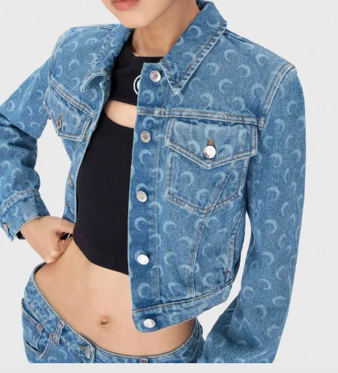 Moon Laser-Etched Water-Resistant Short-Sleeved Denim Jacket