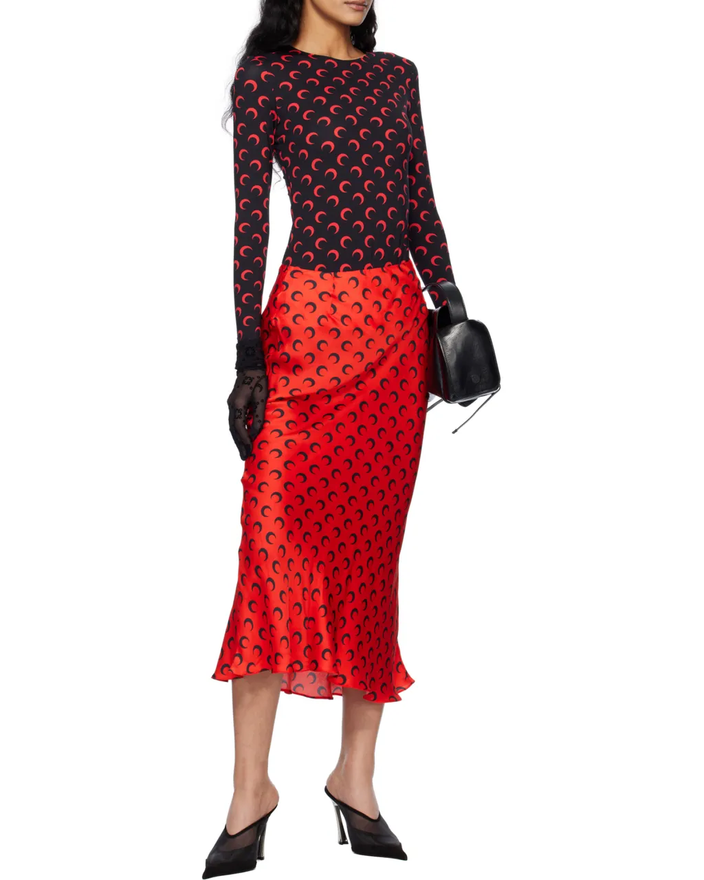 Crescent Moon-Print Flared Midi Skirt