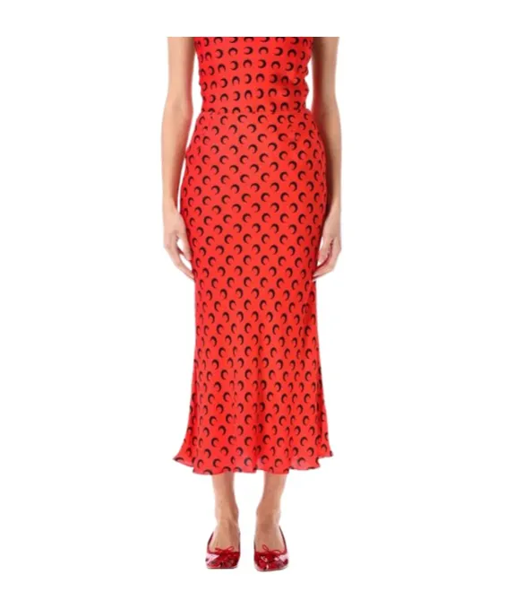 Crescent Moon-Print Flared Midi Skirt