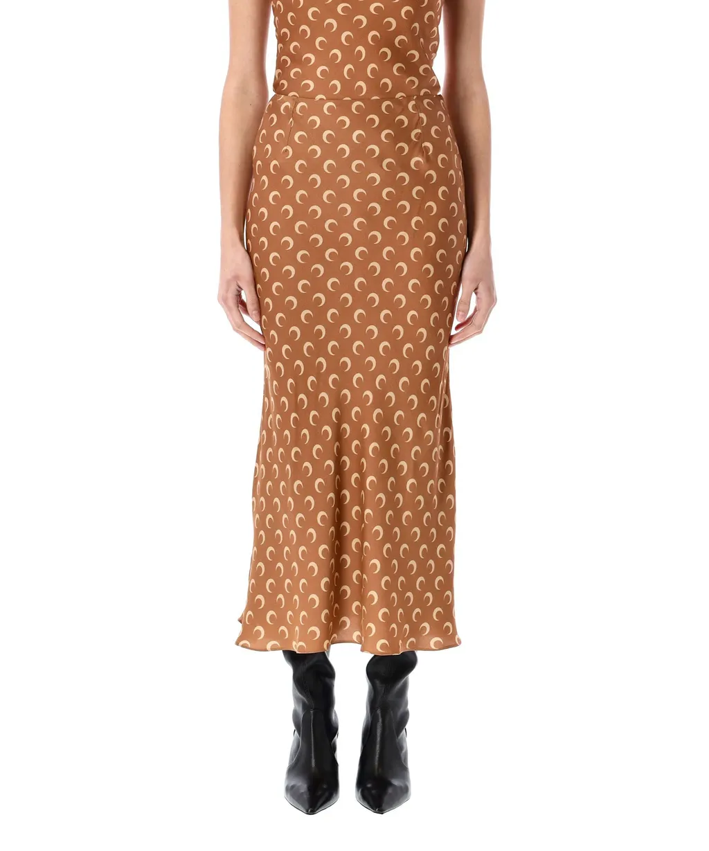 Crescent Moon-Print Flared Midi Skirt