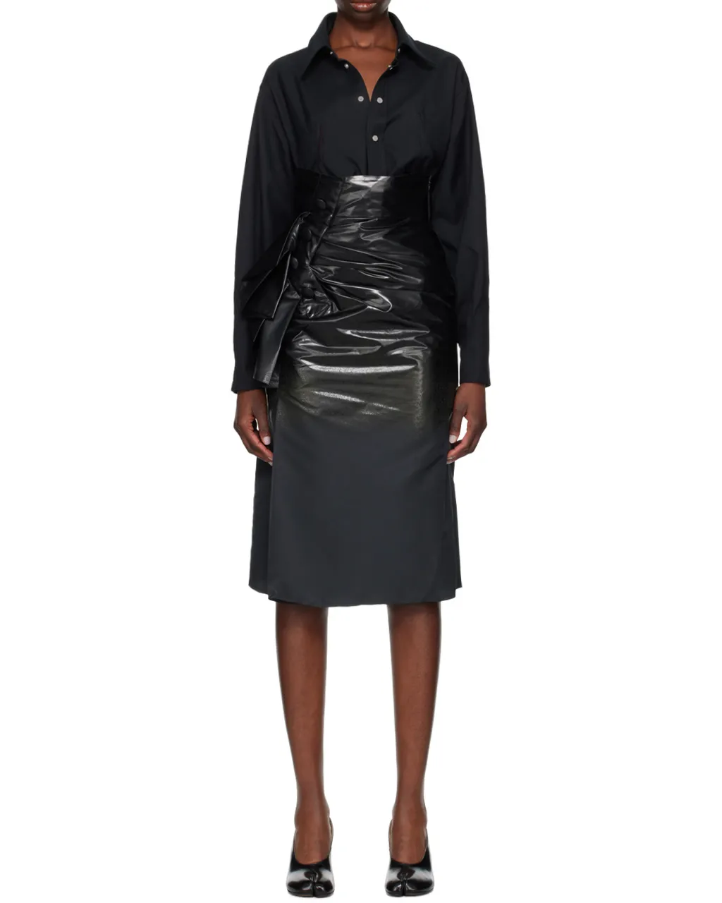 Coated Ruched Midi Skirt