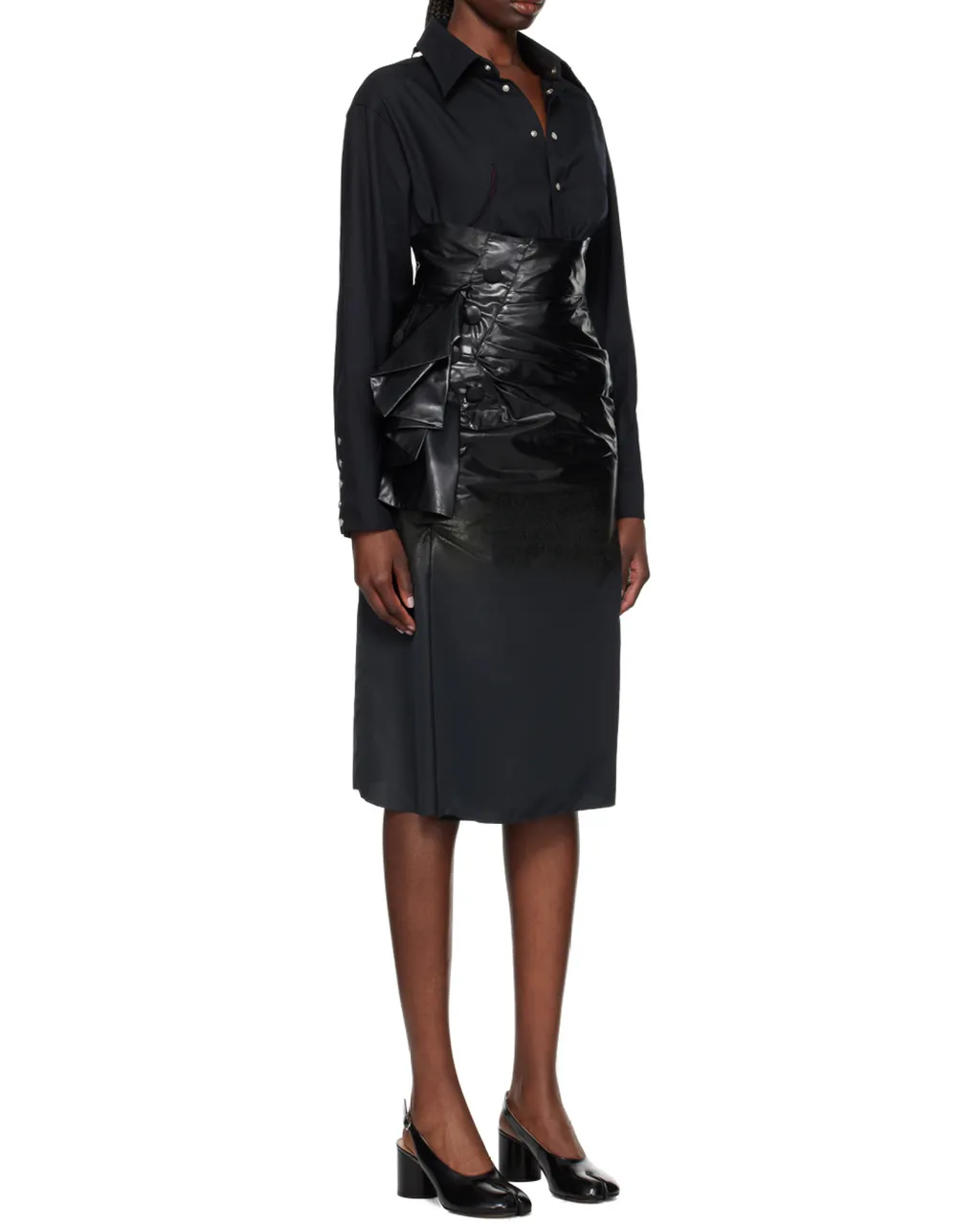 Coated Ruched Midi Skirt