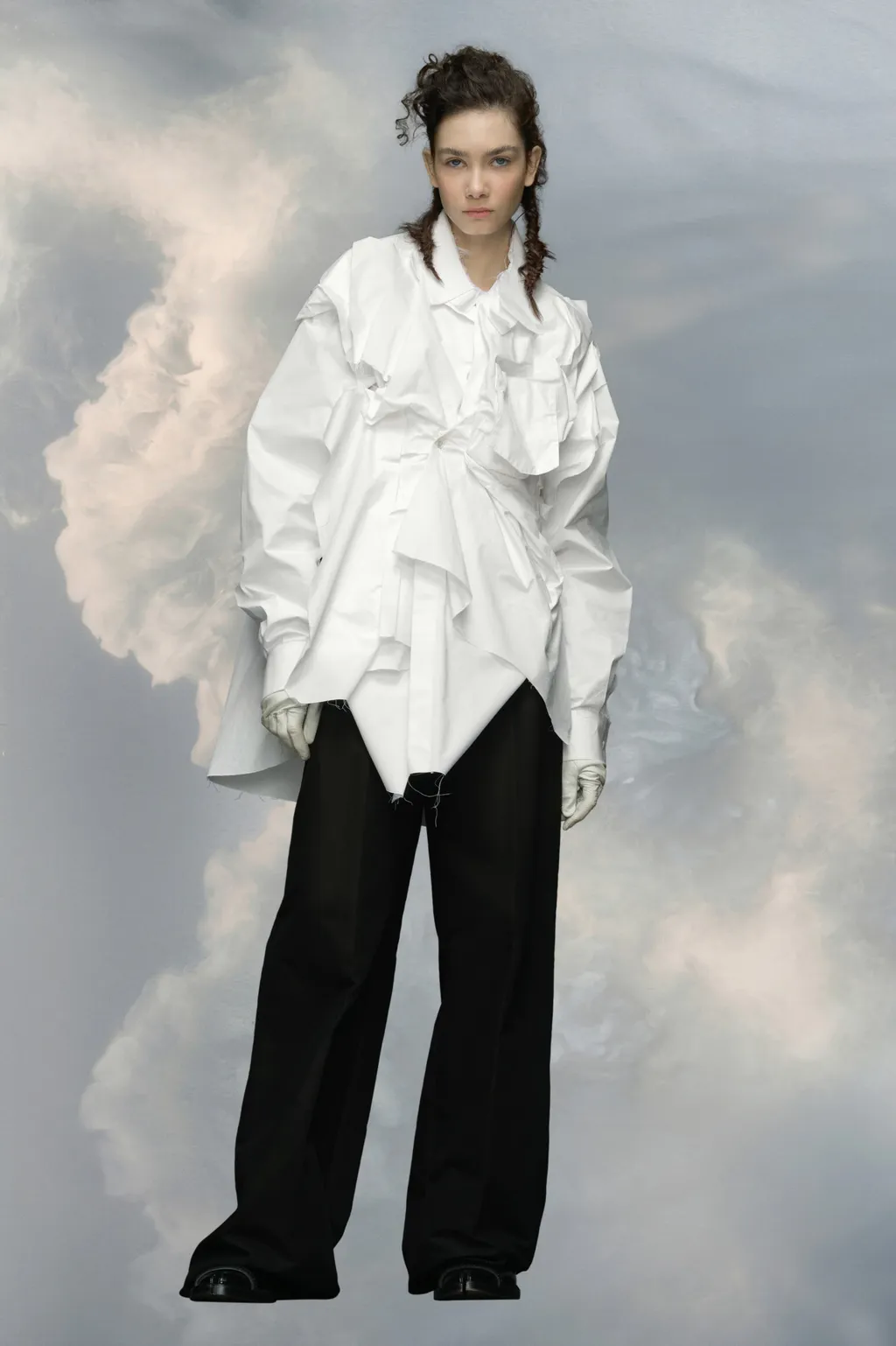 Drop-Shoulder Gathered Poplin Shirt