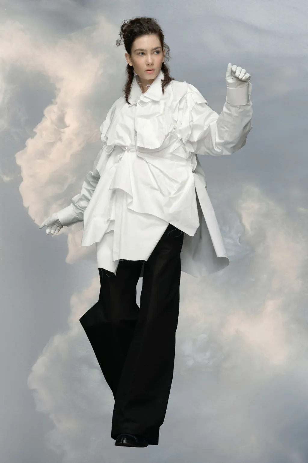 Drop-Shoulder Gathered Poplin Shirt