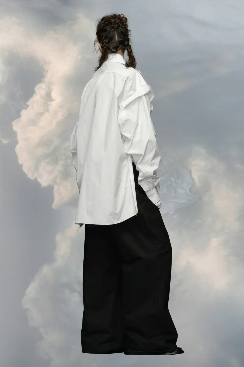 Drop-Shoulder Gathered Poplin Shirt