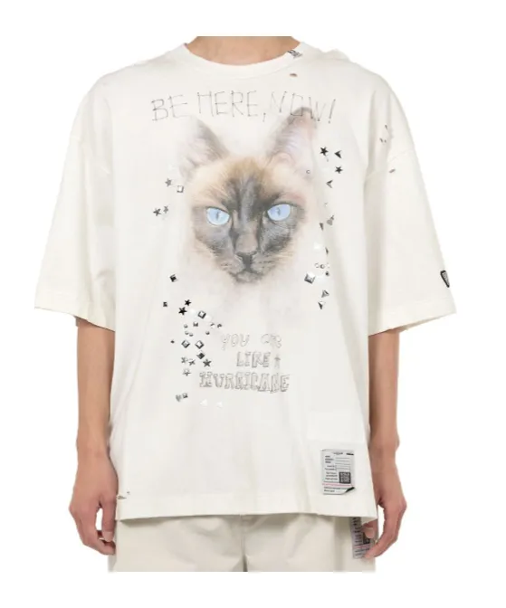 Cat Printed Embellished Distressed T-Shirt