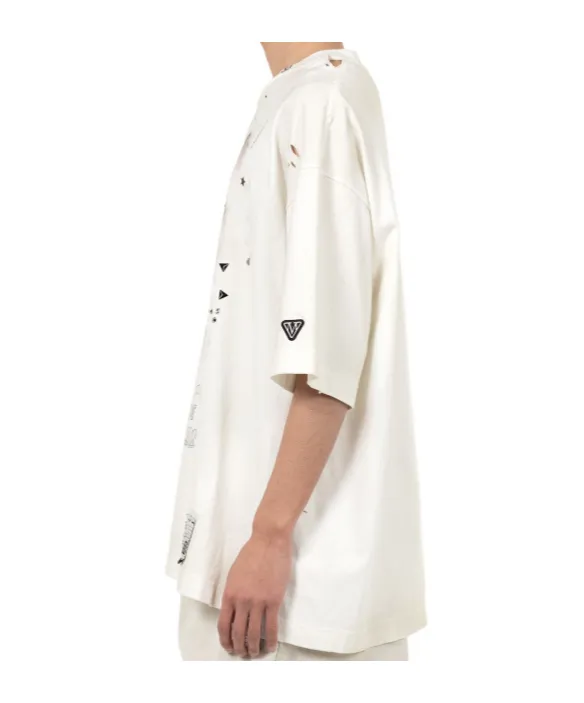 Cat Printed Embellished Distressed T-Shirt