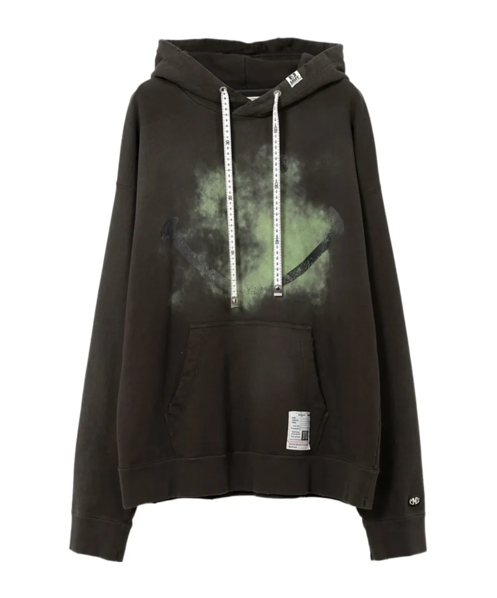 Smiely Face-Printed Distressed Drawstring Hoodie