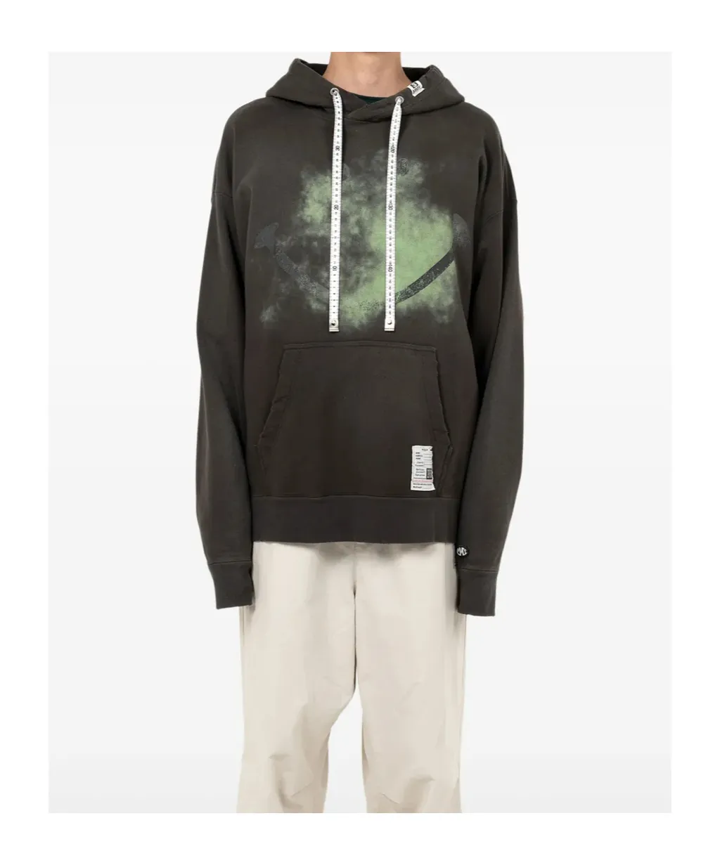 Smiely Face-Printed Distressed Drawstring Hoodie