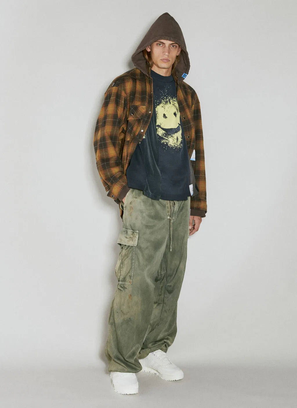 Plaid-Check Cotton Hooded Shirt