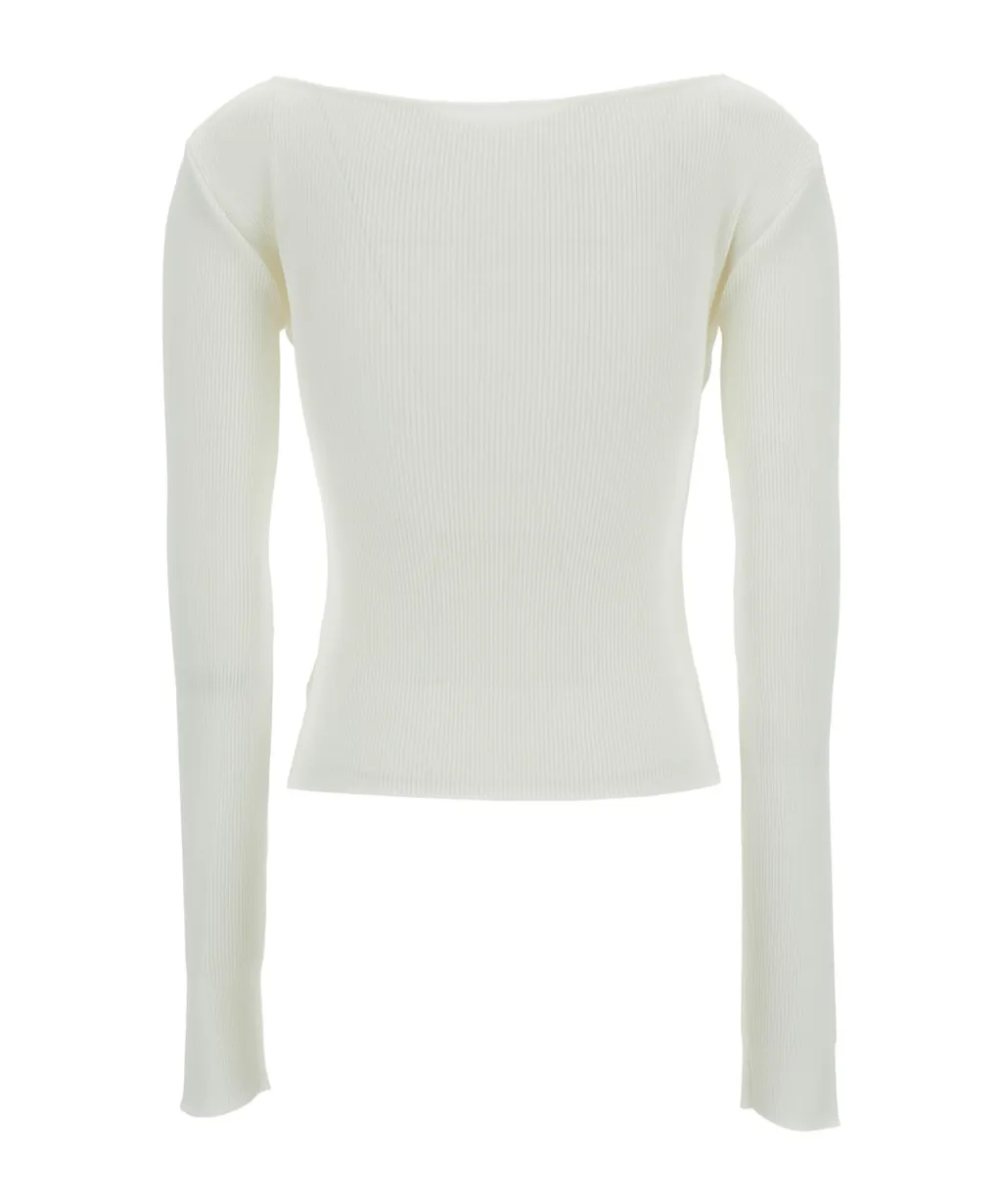 Ribbed Boat Neck Top With Buttons