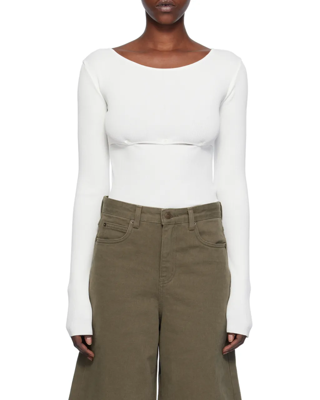 Ribbed Boat Neck Top With Buttons