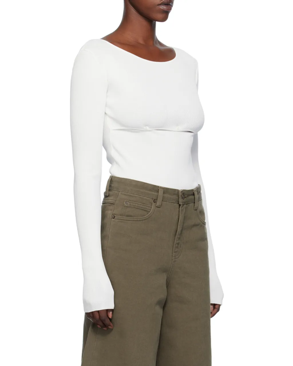 Ribbed Boat Neck Top With Buttons