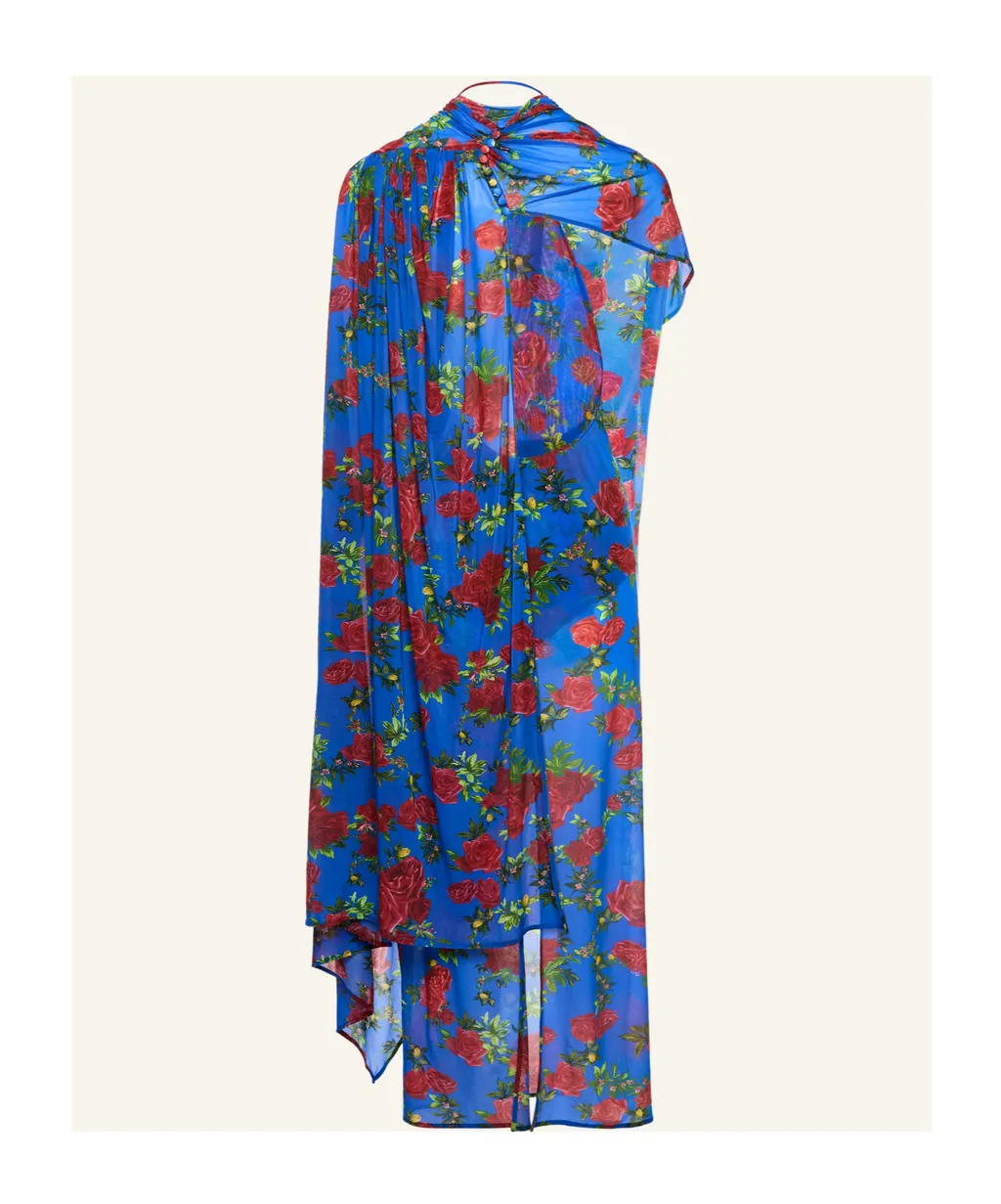 Asymmetric Drape Gown In Blue Floral Print