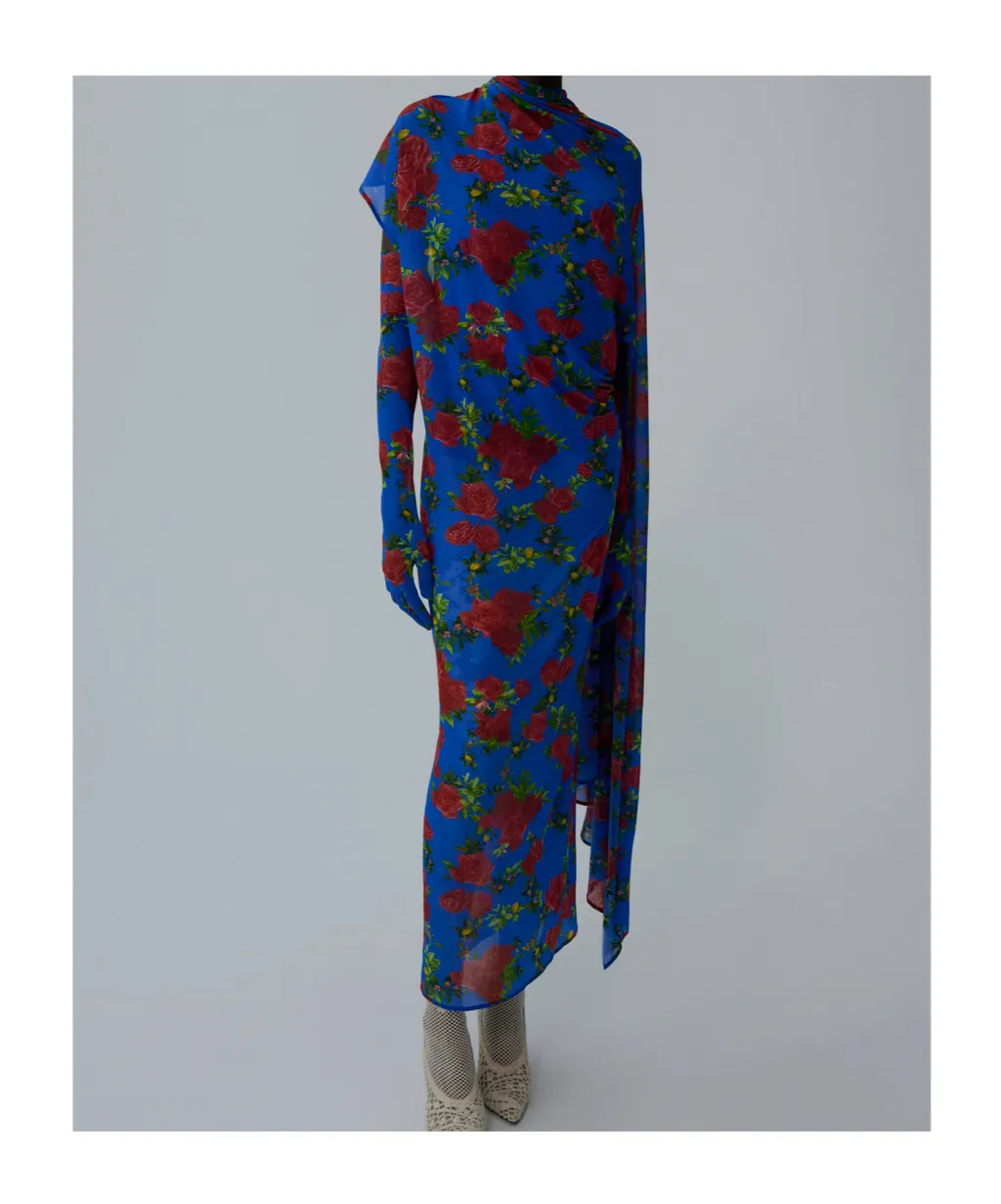 Asymmetric Drape Gown In Blue Floral Print