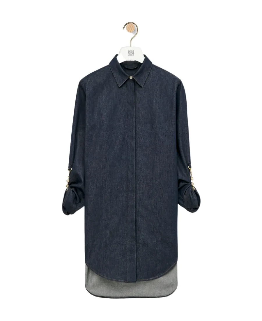 Chain-Detailed Denim Shirt Dress