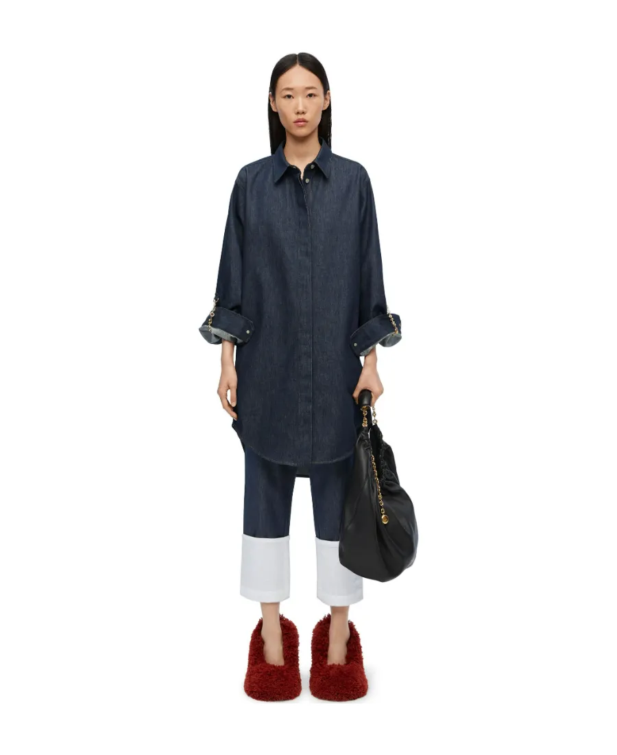 Chain-Detailed Denim Shirt Dress