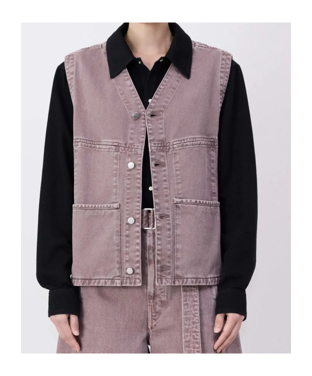 Button-Fastened V-Neck Denim Vest