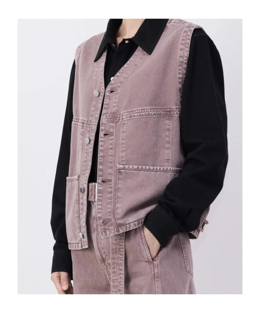 Button-Fastened V-Neck Denim Vest