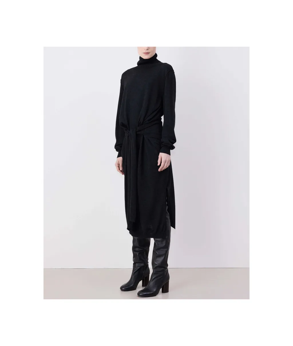 Trompe L'oeil Turtleneck Belted Midi Dress
