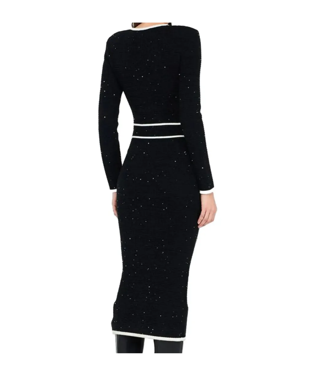 Sequin-Embellished Button-Front Midi Dress