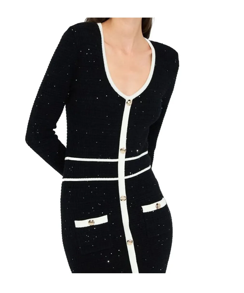 Sequin-Embellished Button-Front Midi Dress