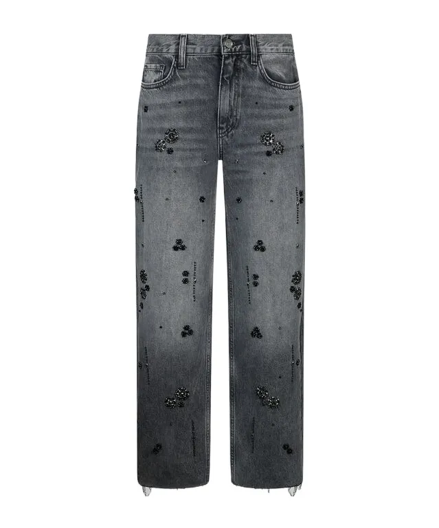 Straight-Leg Denim Trousers With Rhinestones