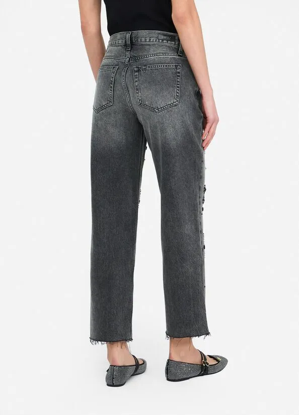Straight-Leg Denim Trousers With Rhinestones
