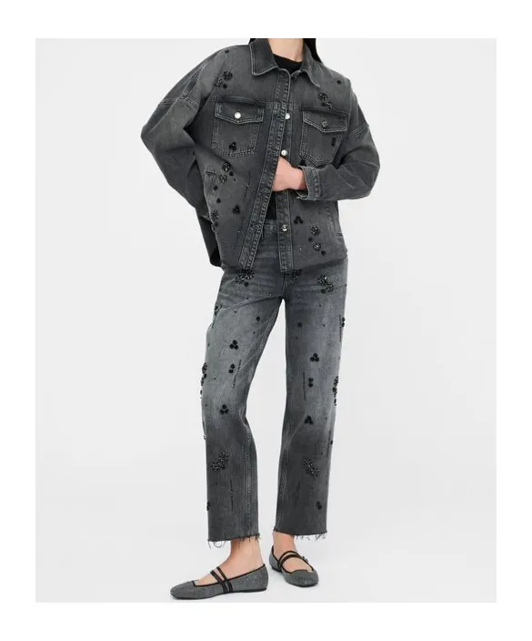Straight-Leg Denim Trousers With Rhinestones