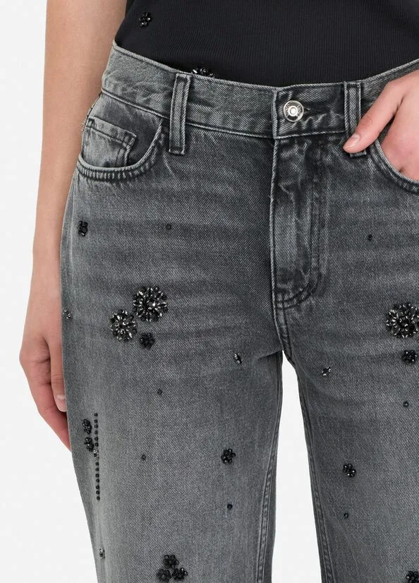Straight-Leg Denim Trousers With Rhinestones