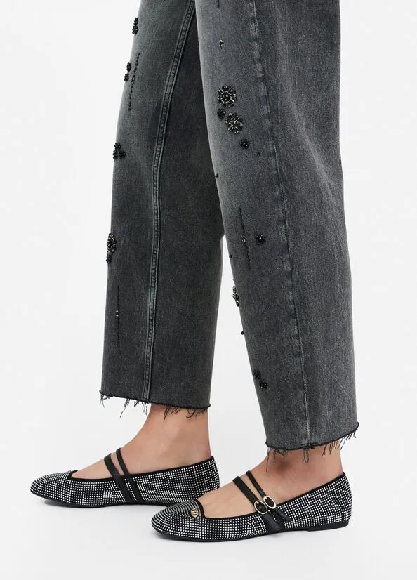 Straight-Leg Denim Trousers With Rhinestones