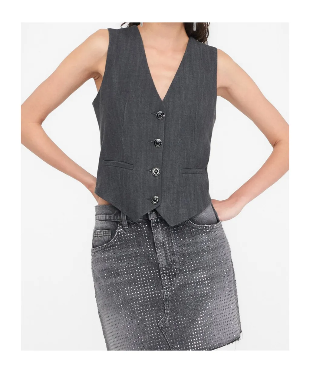 V-Neck Buttoned Denim Gilet