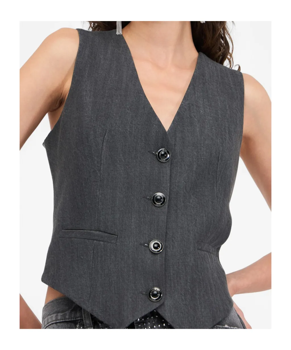 V-Neck Buttoned Denim Gilet